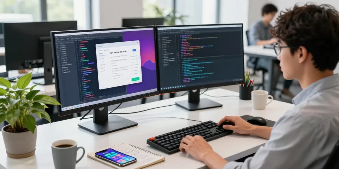 Developer coding the 纸飞机中文版 app at a modern workspace with dual monitors.