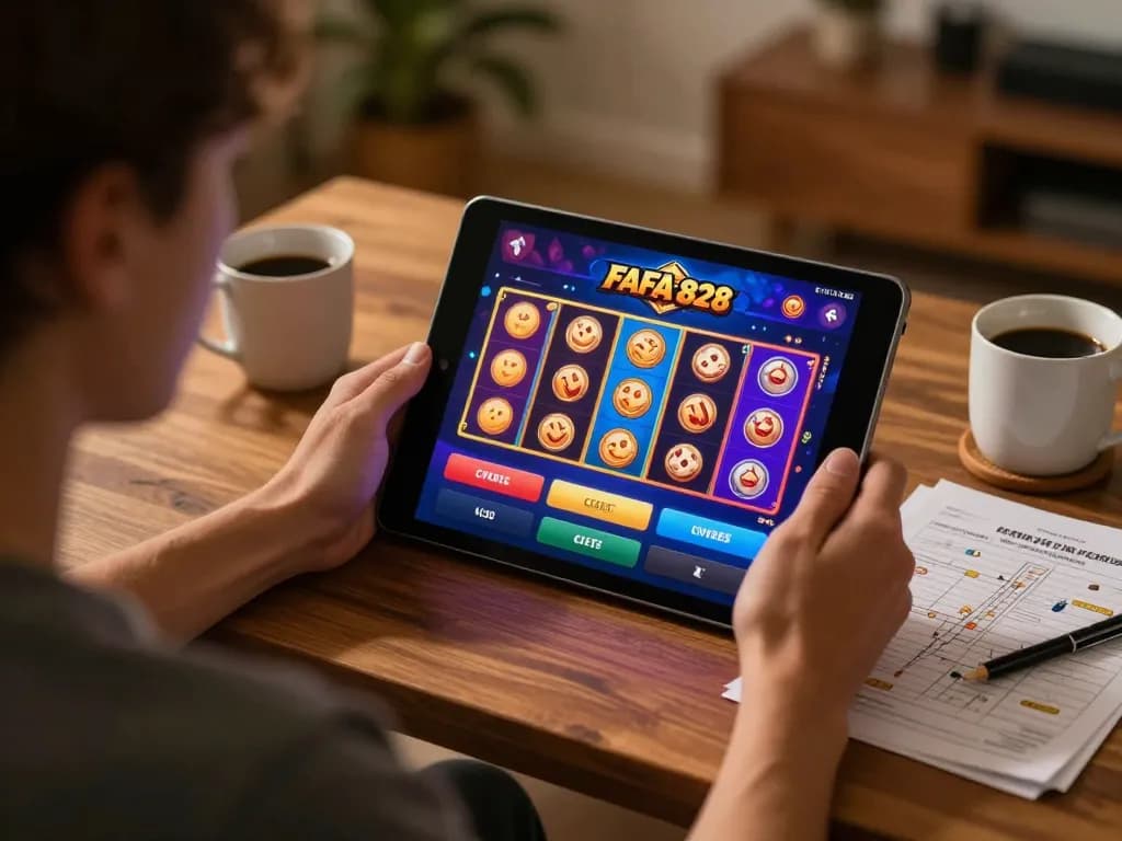 Engaging gameplay on FAFA 828 casino app shows exciting slots in a cozy home setting.