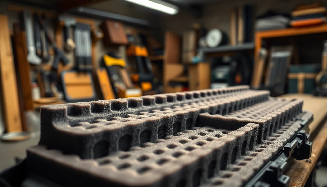 Showcase of foam for rifle case with custom inserts in a workshop, emphasizing durability and design.