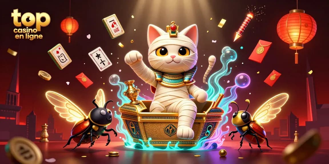 Découvrez le meilleur casino en ligne avec un chat momie égyptien triomphant, entouré de beauté et de magie