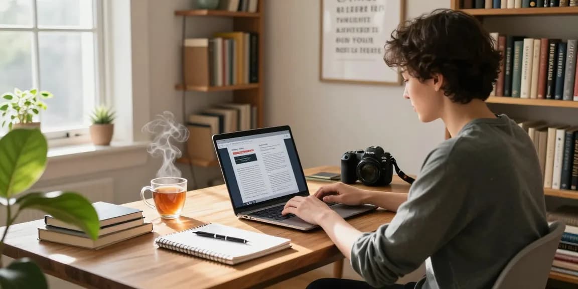 Creating quality and authority blogs in a cozy home office setup with warm lighting and creative elements.