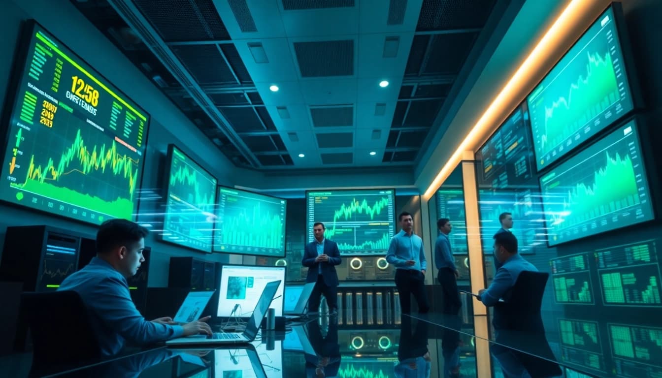 Best cloud mining setup in a modern office with digital currency displays.