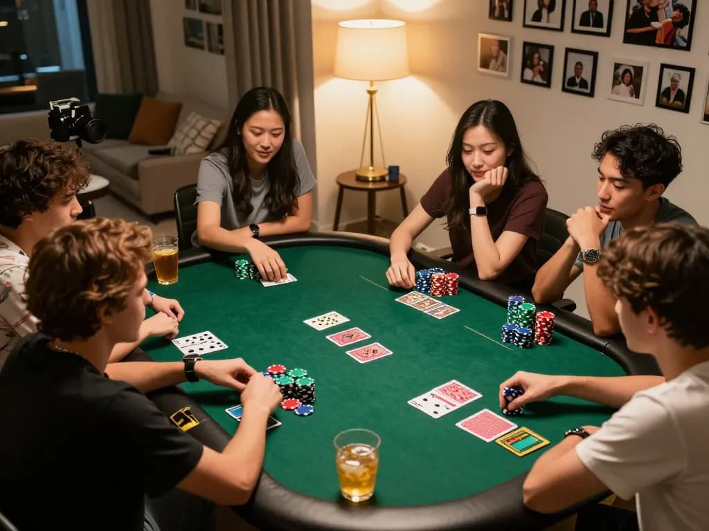 Engaging friends playing poker in a cozy setting, illustrating Canada online casinos reddit insights