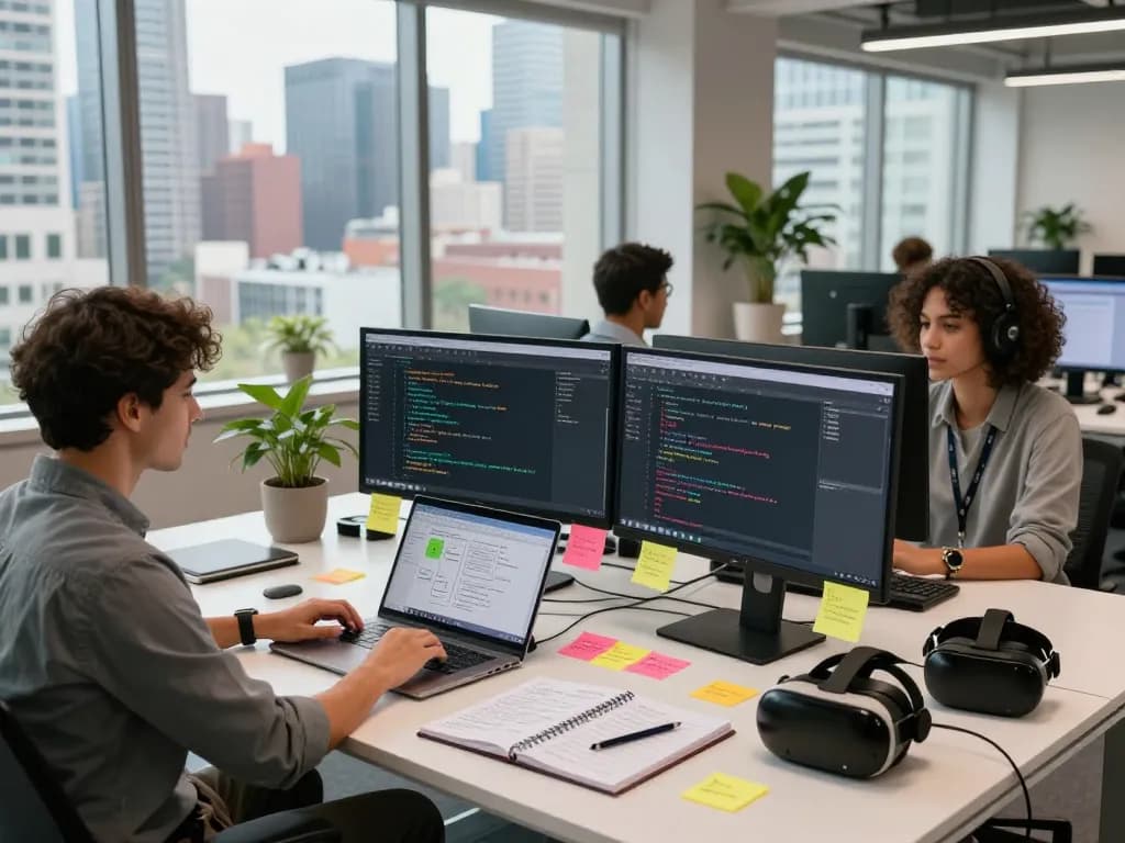 Professional workspace showcasing AI development tools and team collaboration in vibrant setting with image to prompt ai concept.