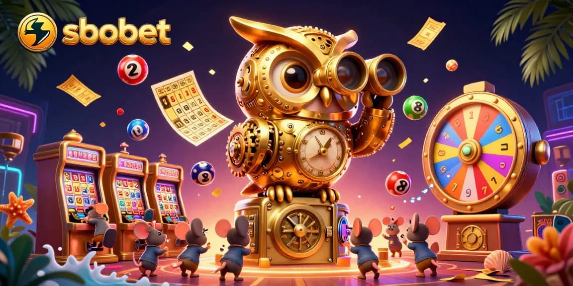 Experience sbobet thrills with a lively golden owl and vibrant lottery elements in this dynamic casino scene.