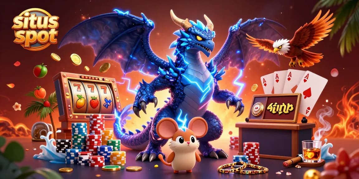 Experience action at situs slot with a dynamic scene featuring thunder dragon, glowing hawk, and vibrant slot symbols.