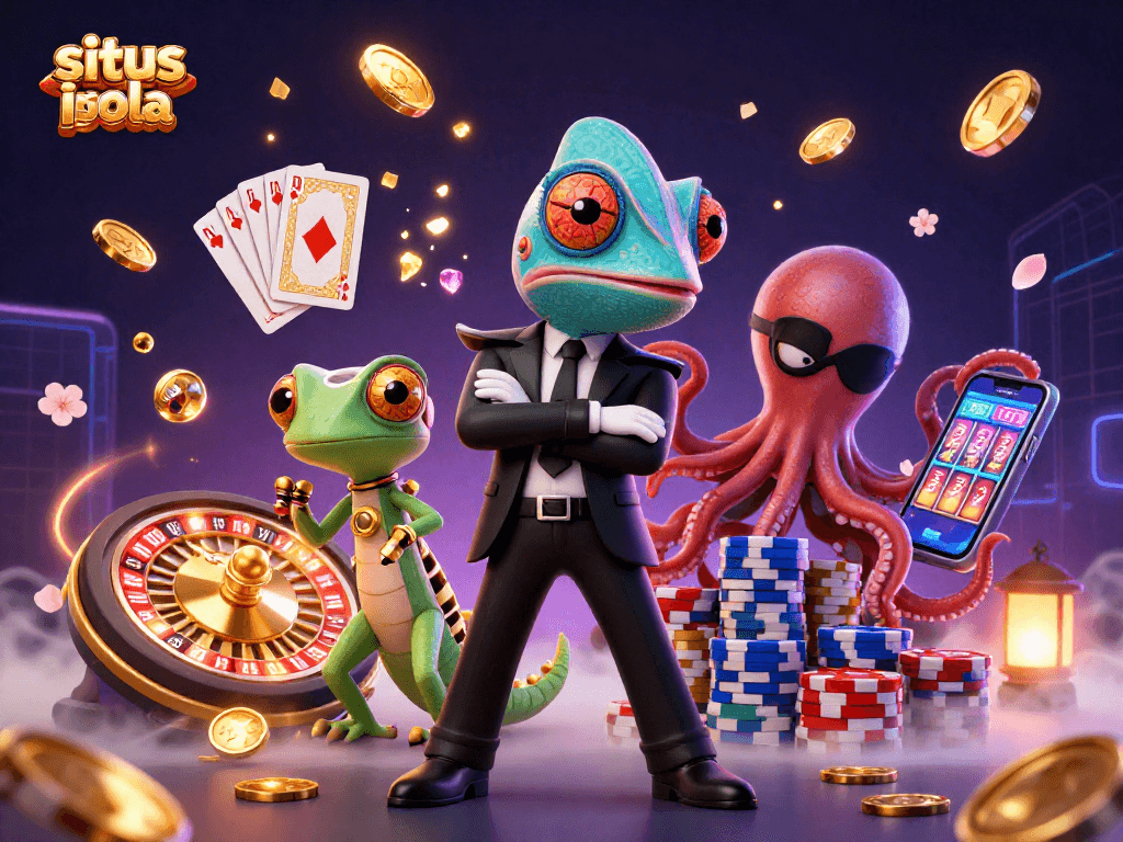 Experience the thrill of situs judi bola with a dynamic digital illustration featuring a chameleon secret agent, gadgets, and casino elements.