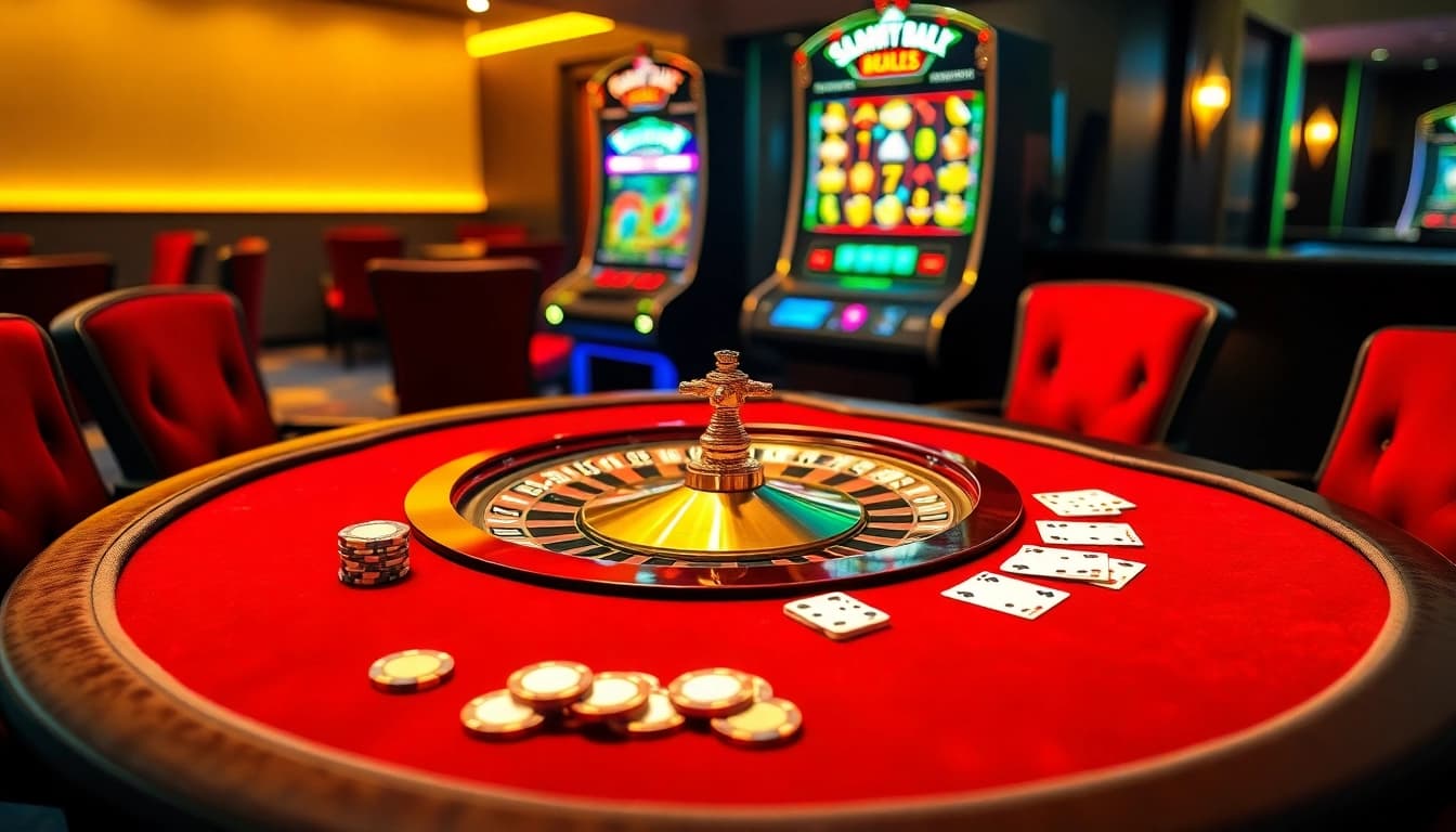 Experience the thrill of 6RWIN33 COM with luxury gambling visuals featuring poker chips and a roulette wheel.