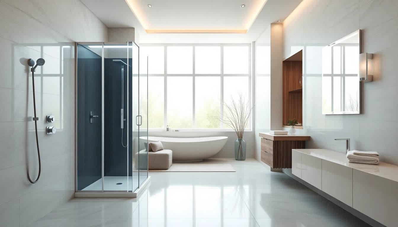 Découvrez la salle de bain moderne avec cabine de douche sirhona fr et miroir LED élégant.