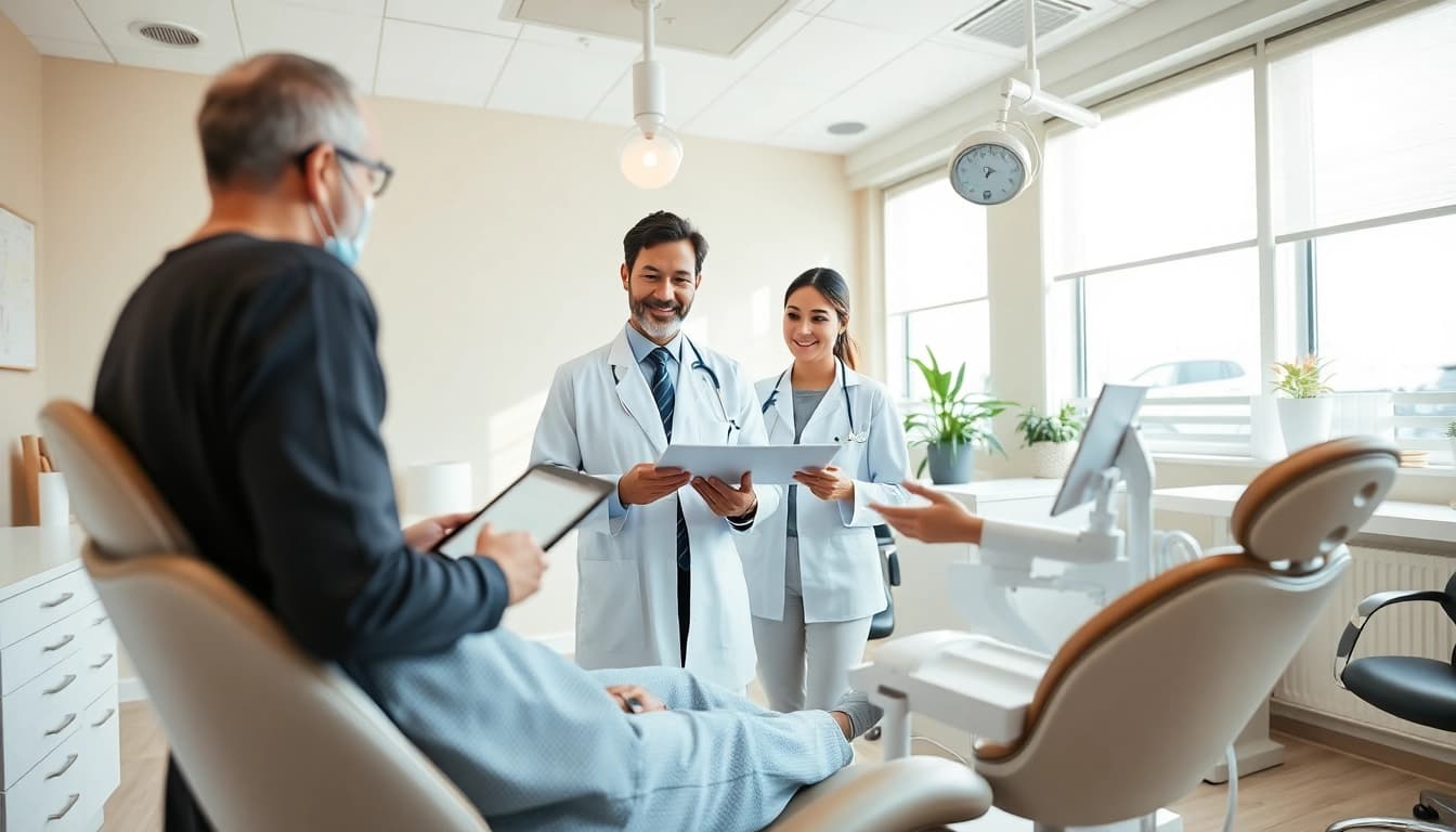 Engaging scene of Dental practice management with dentist interacting with patient in a modern office.