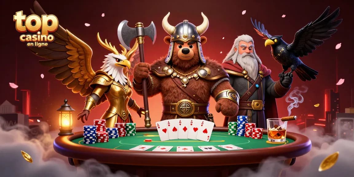 Profitez du top casino en ligne avec un ours viking et une aigle valkyrie aux tables de poker.