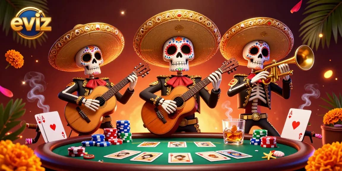 Experience thrills at eviz with a vibrant 3D cartoon illustration of a mariachi band at a poker table.