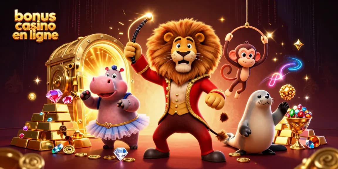 Profitez de bonus de casino en ligne avec des personnages colorés s'amusant autour de trésors scintillants.