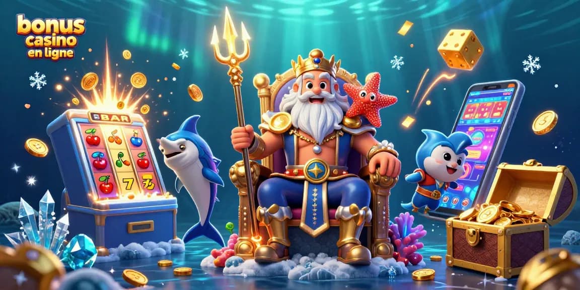 Bonus casino en ligne avec Neptune roi des mers entouré de machines à sous et éléments de jeu.