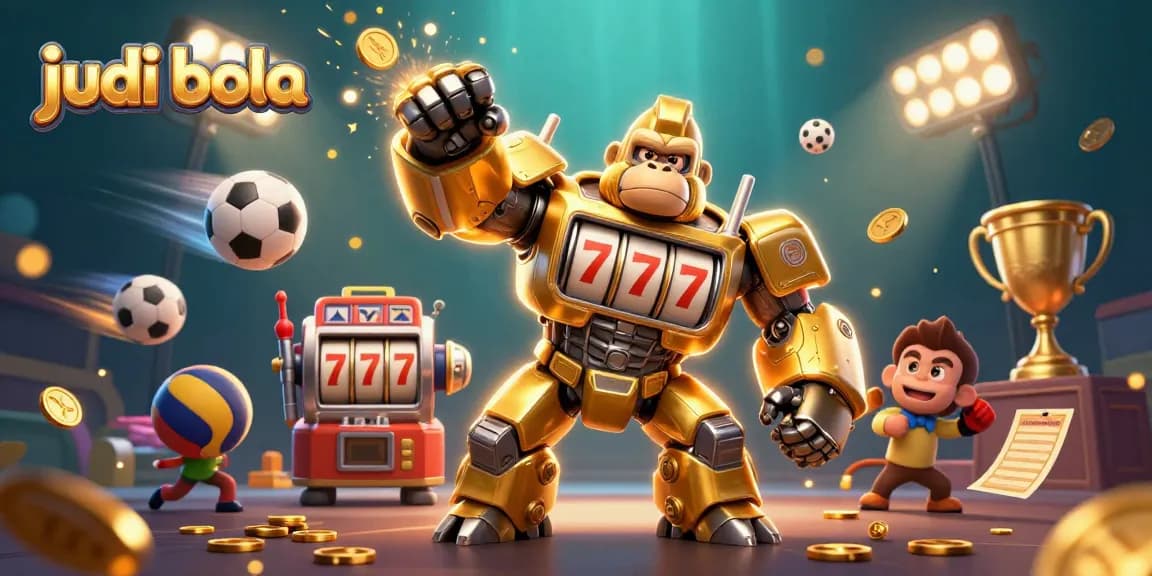 Engage in judi bola excitement with a dynamic scene featuring a golden mech and sports balls.