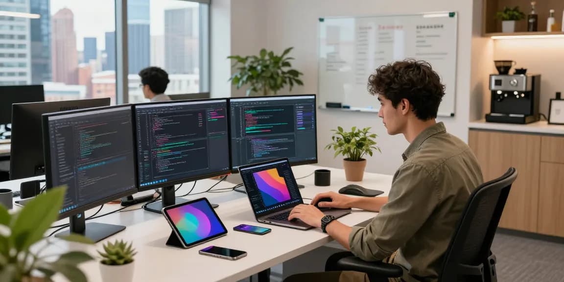 Developer coding telegram中文版 messaging software in a modern office workspace