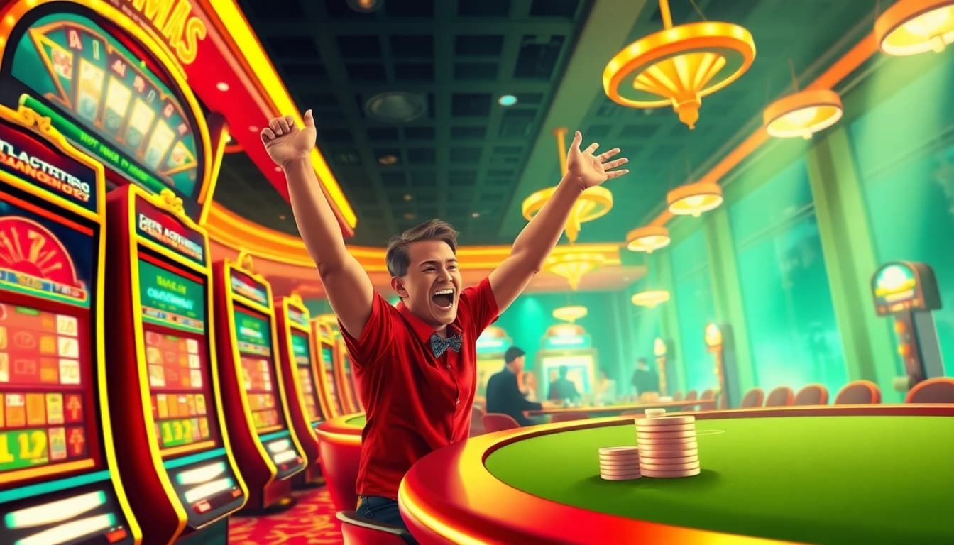 Exciting casino scene representing hm88.com with players enjoying games and vibrant slot machines.