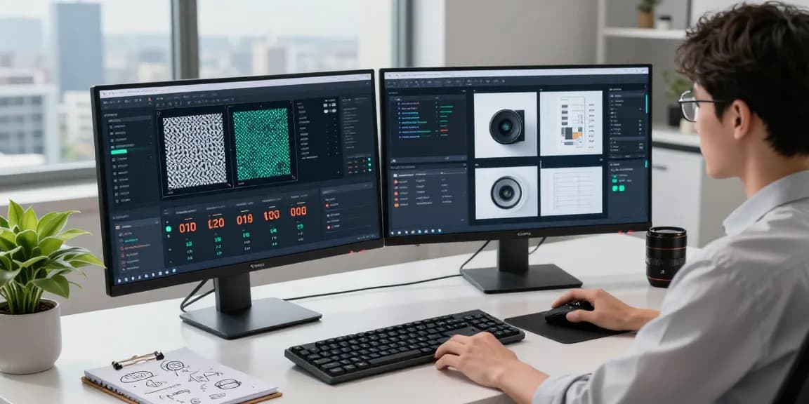 Professional using ai image checker tool on dual monitors in a modern workspace