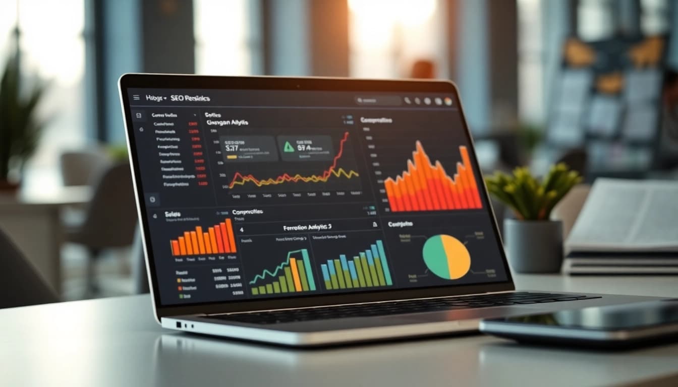 Analyze SEO performance metrics with a digital marketing dashboard depicting data trends.