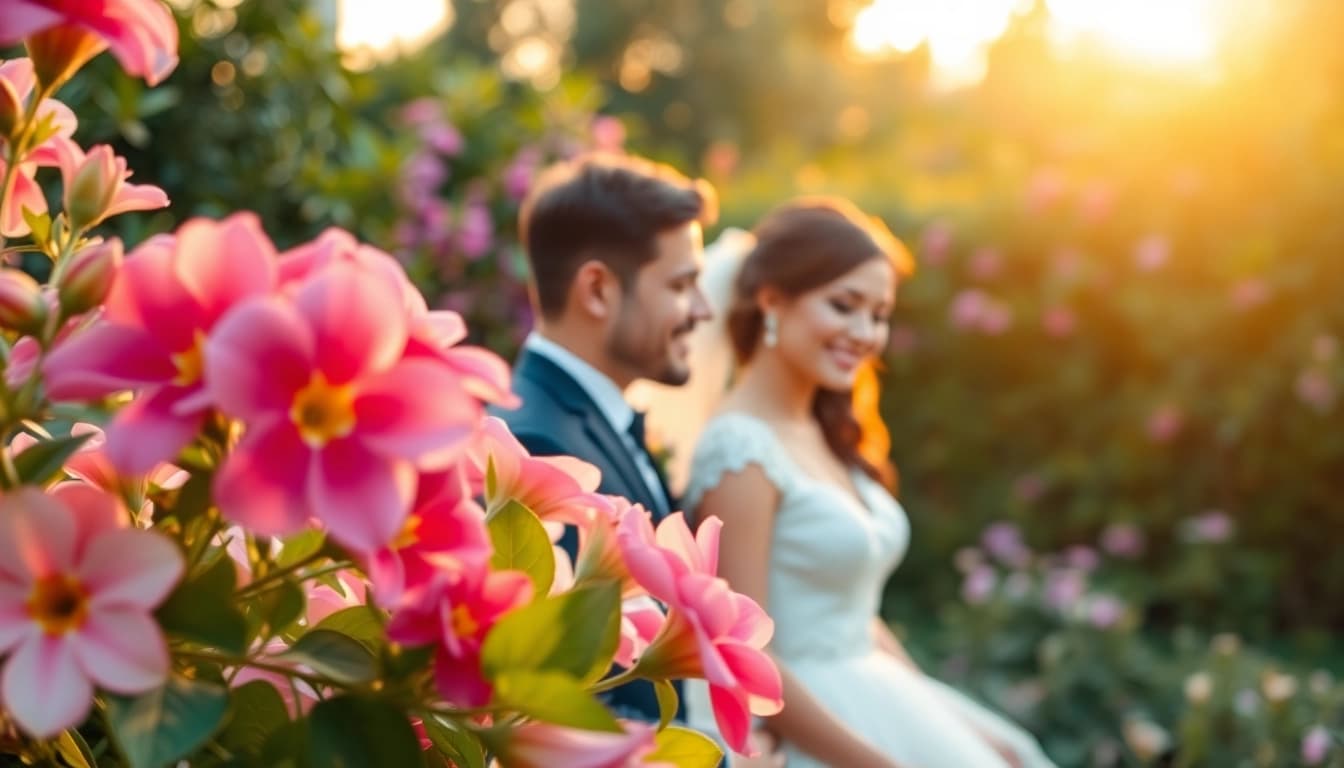 Beautiful wedding photography of a couple in a lush garden, radiating love and joy.