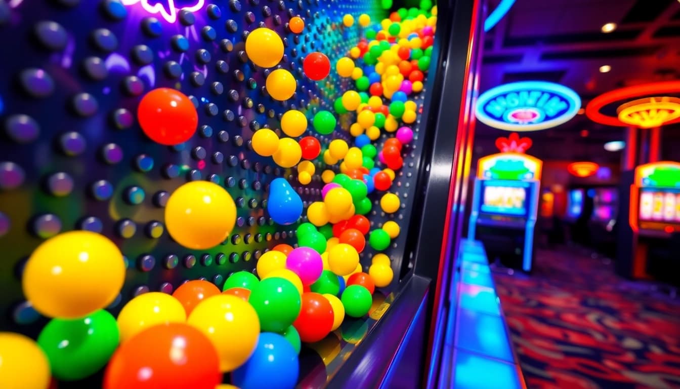 Main focus on slot plinko game showing colorful balls falling and bouncing, creating a fun atmosphere.