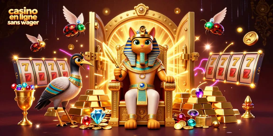 Jouez au casino en ligne sans wager avec une scène dynamique de trésors et de personnages égyptiens.