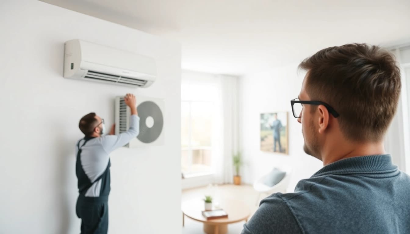 Technician performing ductless mini-split installation in a stylish living room, emphasizing precision and professionalism.