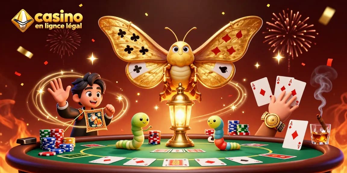 Jouez au casino en ligne légal France avec des tables de poker et des personnages animés entourés de confettis.