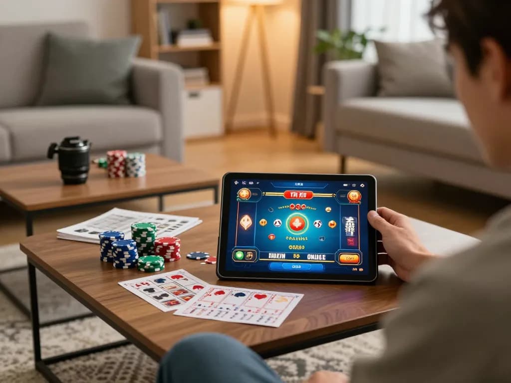 Engaging in strategic gameplay with TÀI XỈU ONLINE in a cozy living room, promoting a trustworthy online gambling experience.