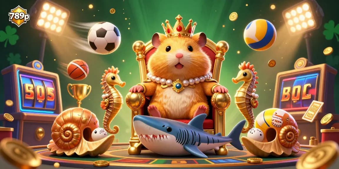 Engage in thrilling fun at 789p with a vibrant casino scene showcasing a golden hamster king and dynamic gaming elements.