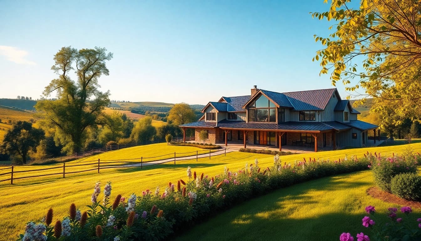 Stunning Winding River Farmhouse New Build surrounded by nature, emphasizing its rustic-modern charm.