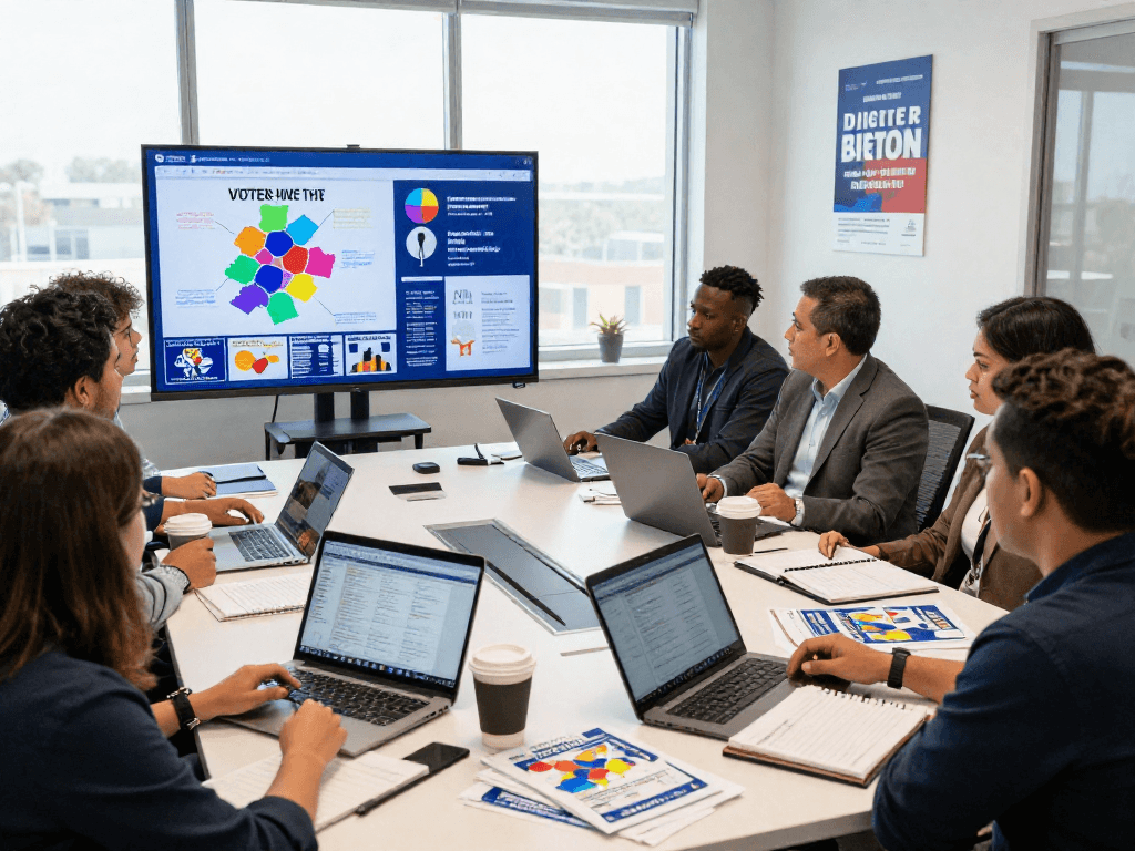 Engaged team analyzing political direct mail services data in a vibrant campaign strategy meeting.