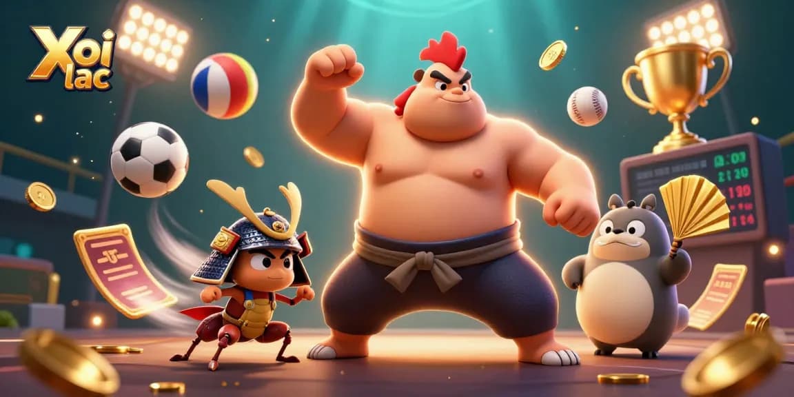 Xoi lac unleashes vibrant gameplay with powerful sumo wrestler and fierce cricket in a packed 3D casino scene.