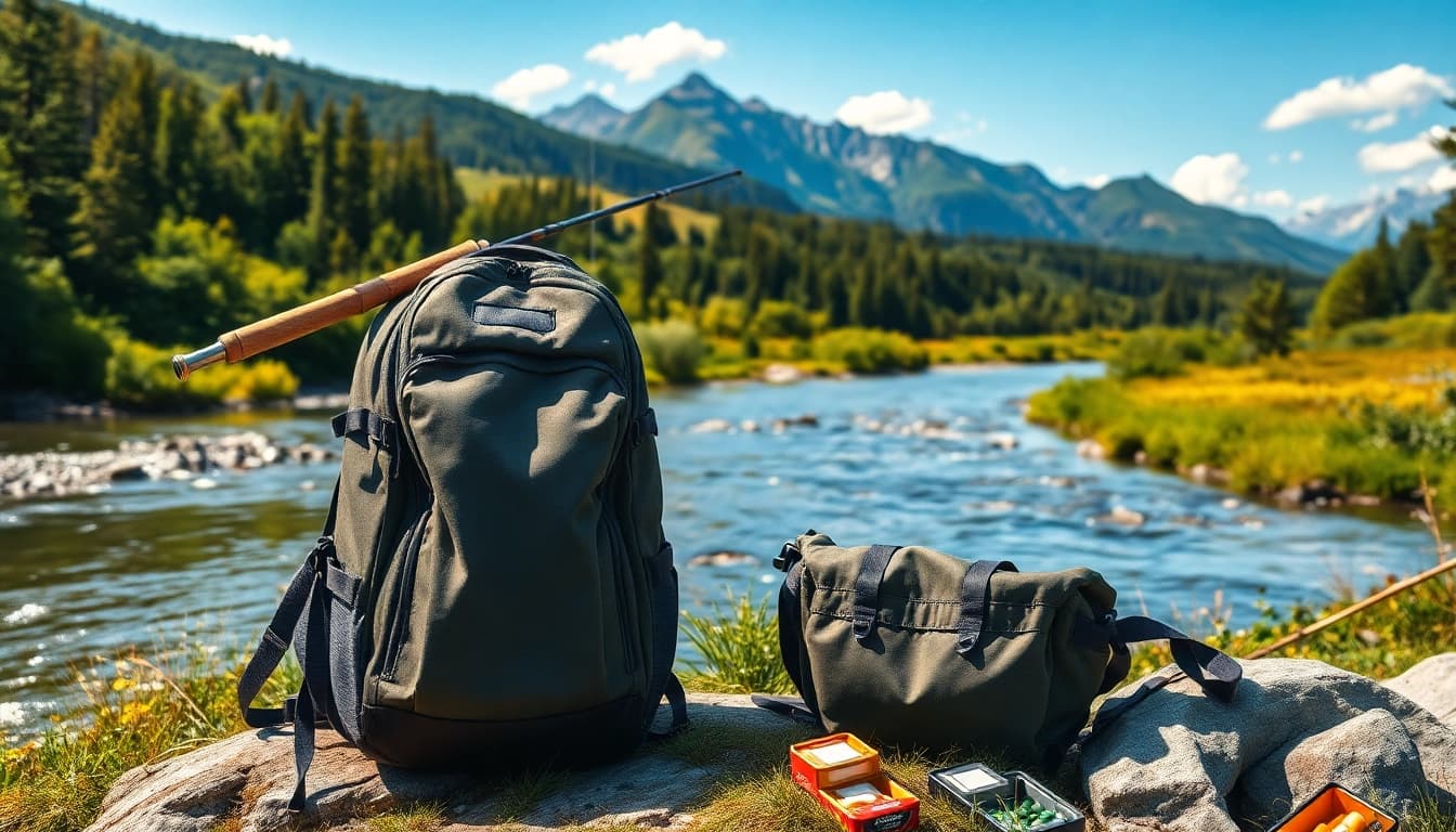 Fly fishing backpack displayed in a serene outdoor setting, showcasing durability and adventure.