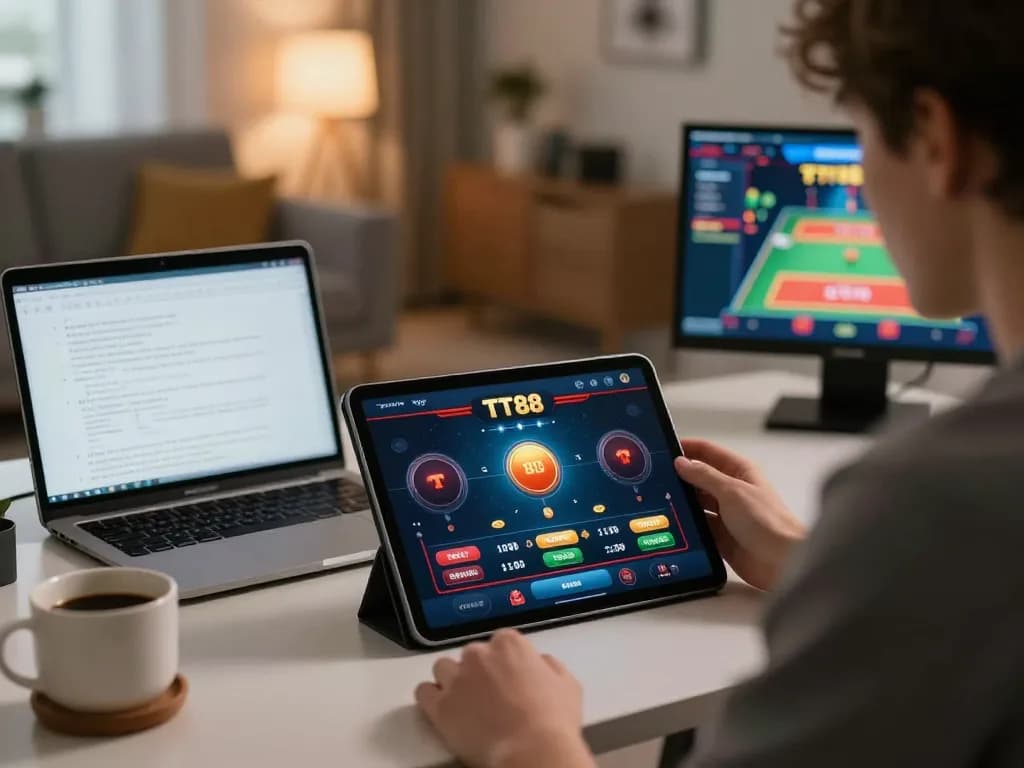 Engaging in TT88 casino app on a tablet, showcasing online gaming strategy with stylish atmosphere