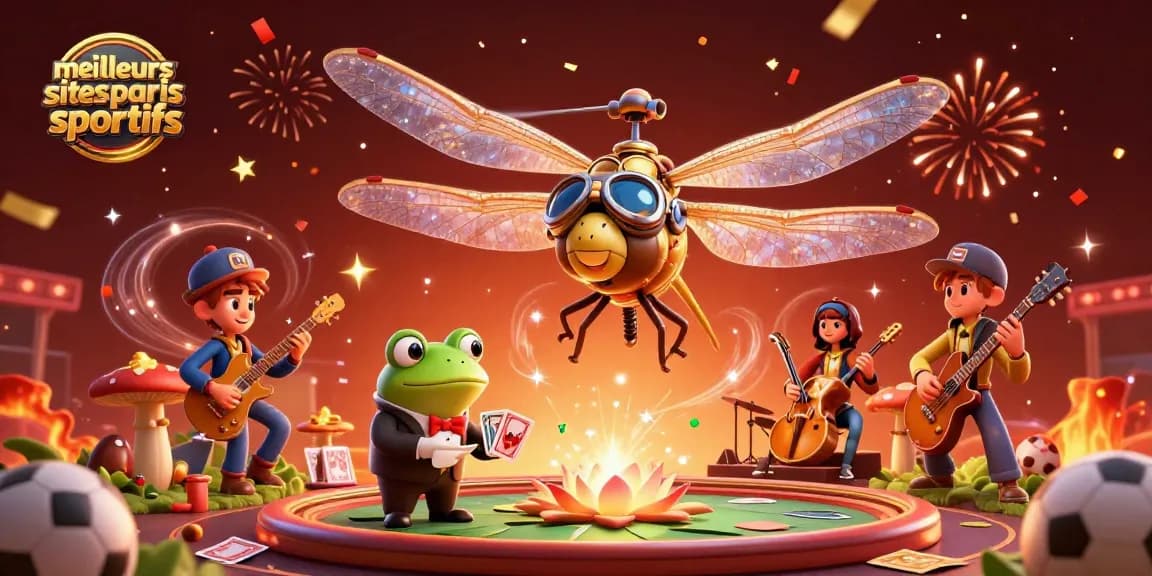 Pariez sur les meilleurs sites paris sportifs en observant un dragonfly pilote et un croupier grenouille au casino.
