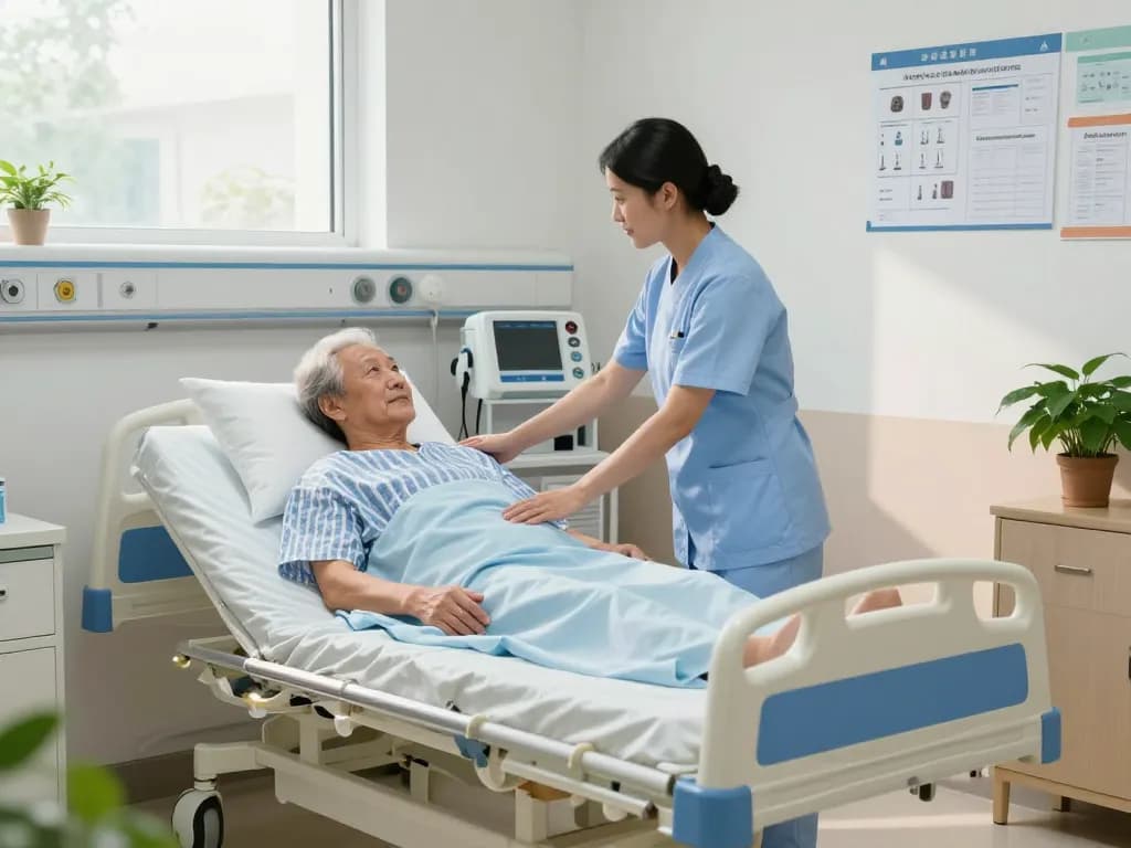 giường bệnh nhân adjusted for elderly patient in a hospital room with caring medical staff.