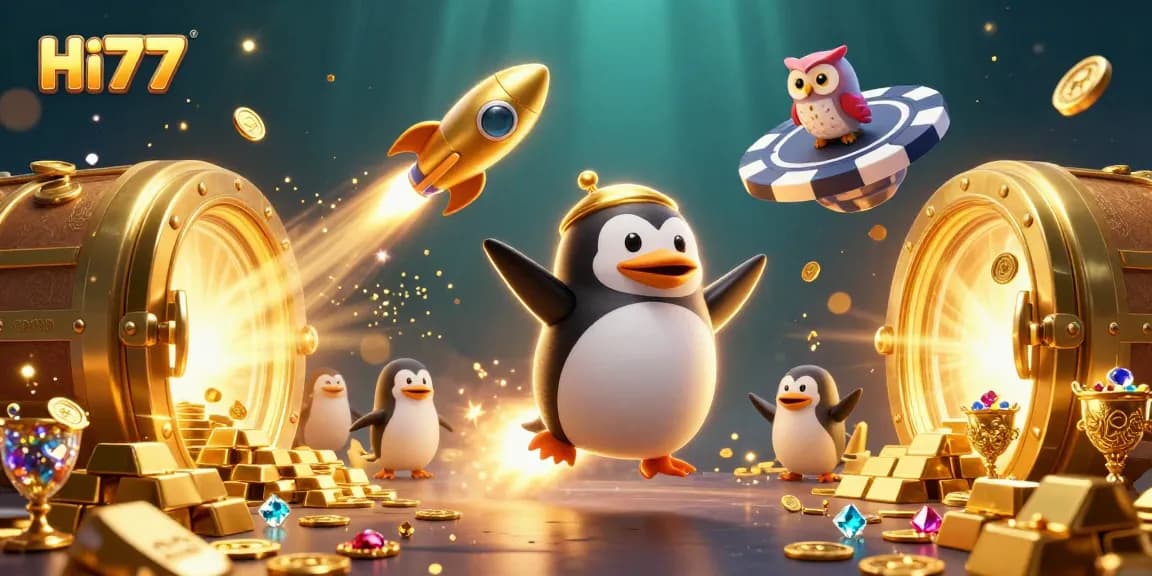 Experience the excitement of Hi77 casino with a thrilling golden penguin blasting through space.