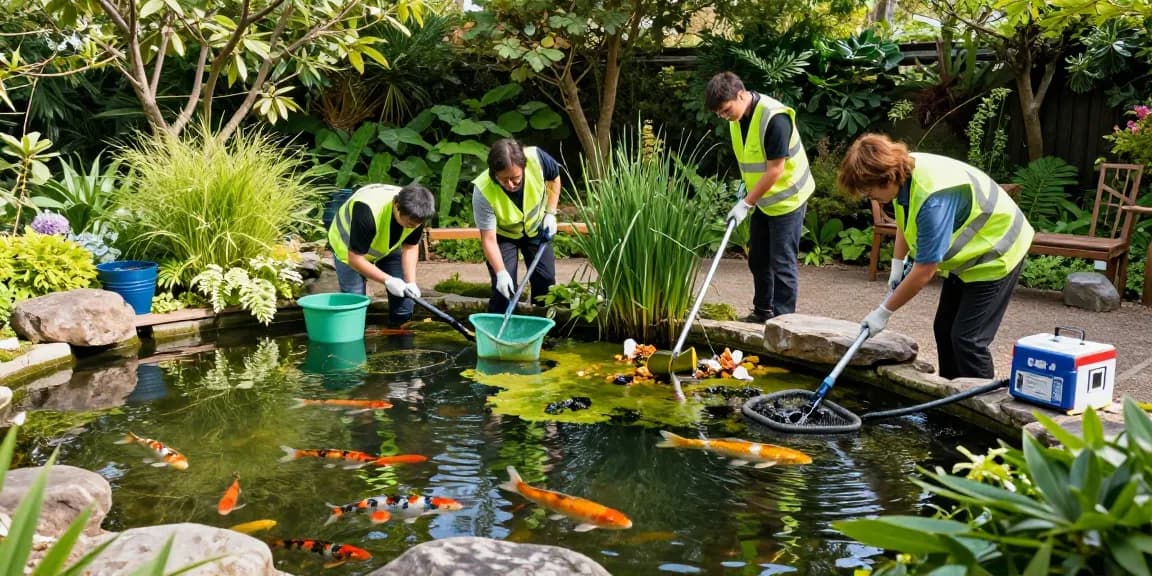 Pond Cleaning Kent professionals removing debris from a serene backyard pond in Kent, showcasing expert maintenance.
