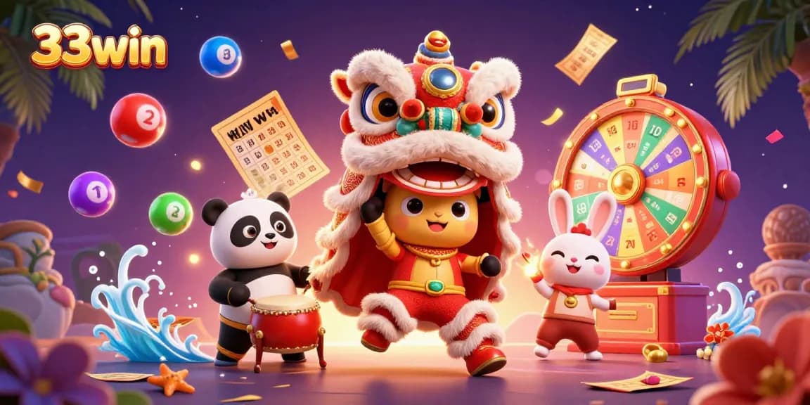 Win thrilling rewards with 33win in a lively 3D cartoon casino scene featuring a festive atmosphere.
