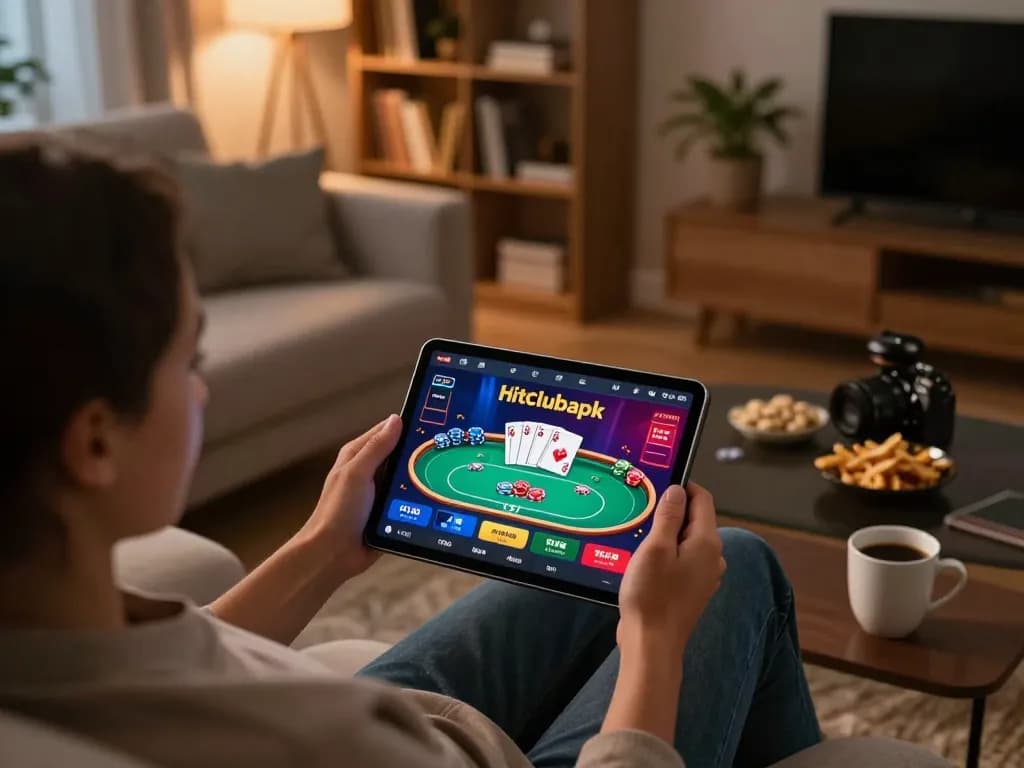 Engaged user enjoying hitclubapk gaming session on tablet with vibrant casino app interface and cozy atmosphere.