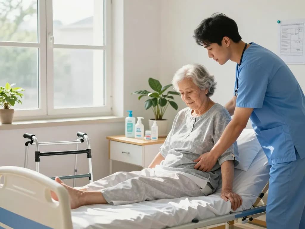 Patient bed in a warm home healthcare setting, caregiver assisting elderly with giường bệnh nhân displayed clearly for comfort.