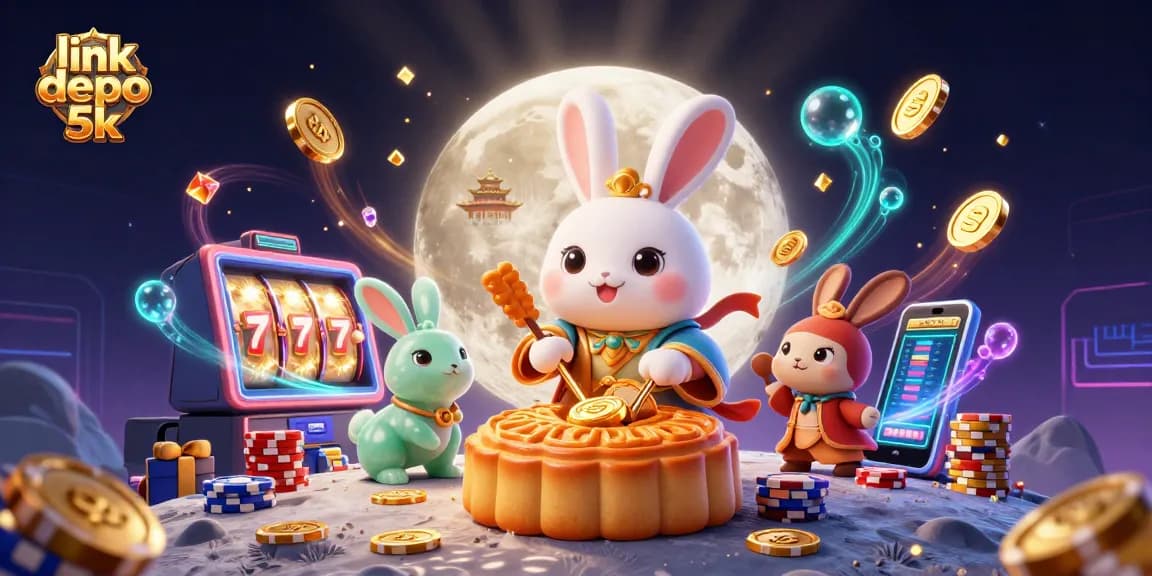 Win big with link depo 5k in this vibrant casino scene featuring dynamic slot reels and poker chips.