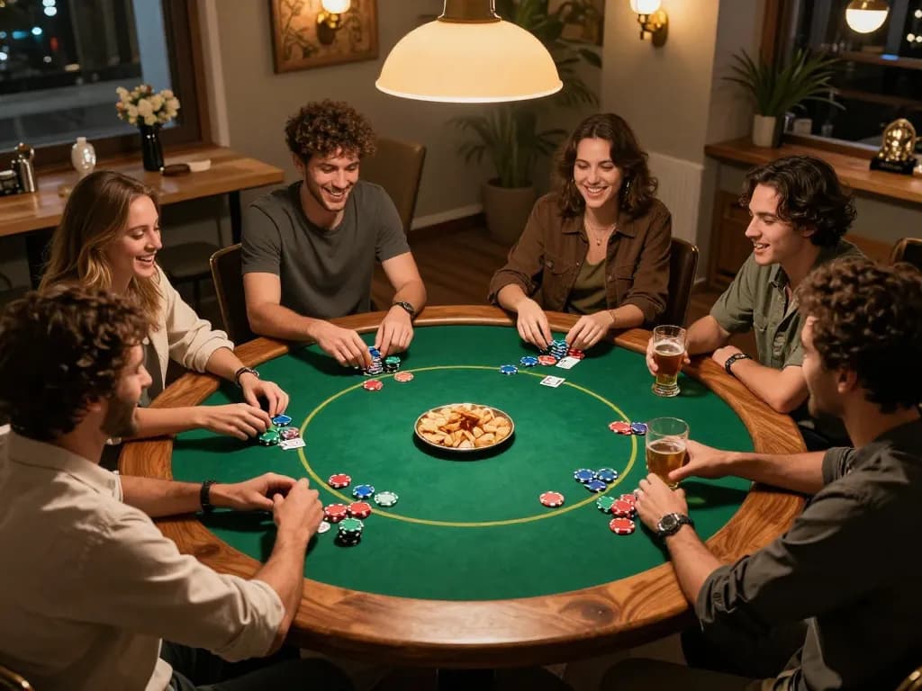 Players enjoying a friendly poker game discussing strategies, revealing their competitive spirit in the hidden wiki community.