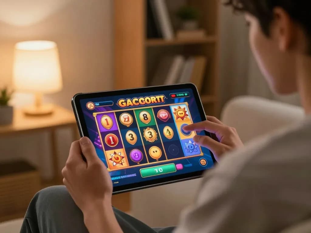 Engaging in slot gacor games online, showing excitement and strategy in a cozy home setting.
