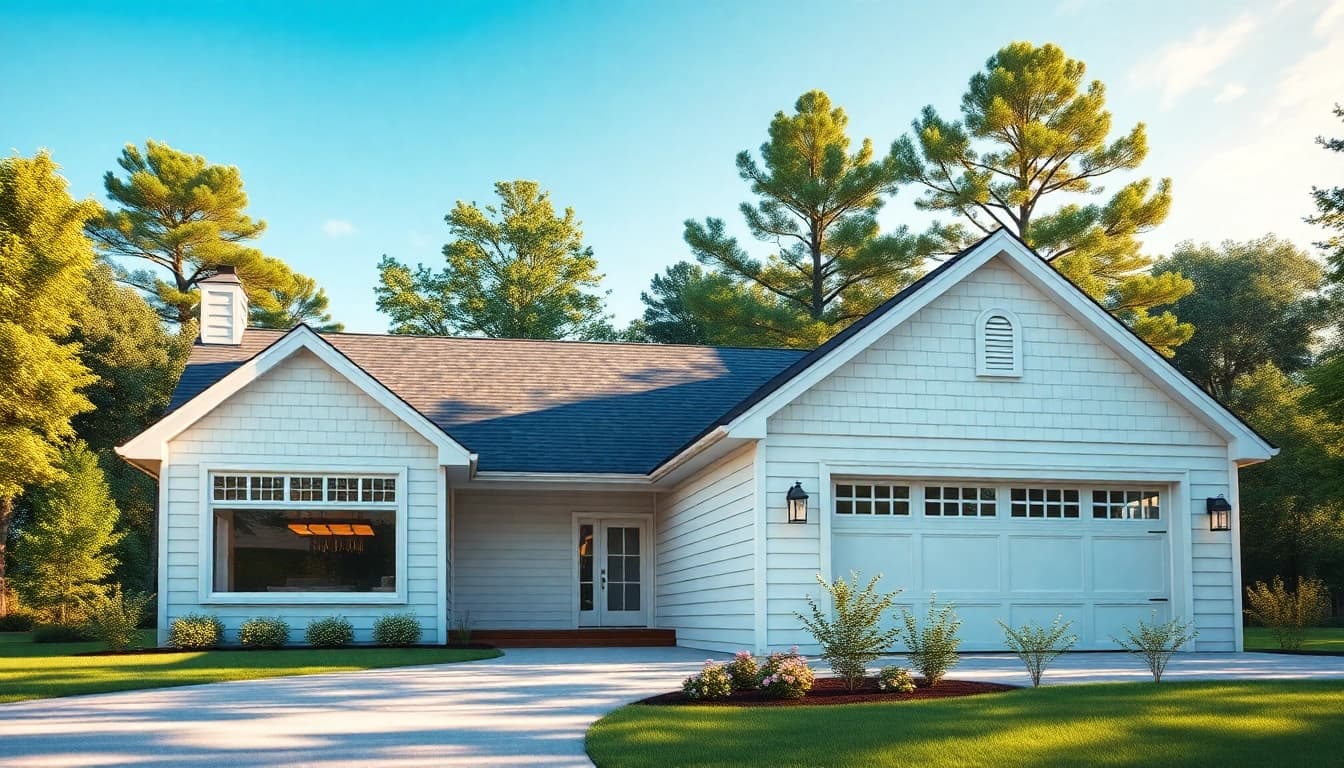Stunning cape cod home addition with inviting entrance and attached garage amidst greenery.