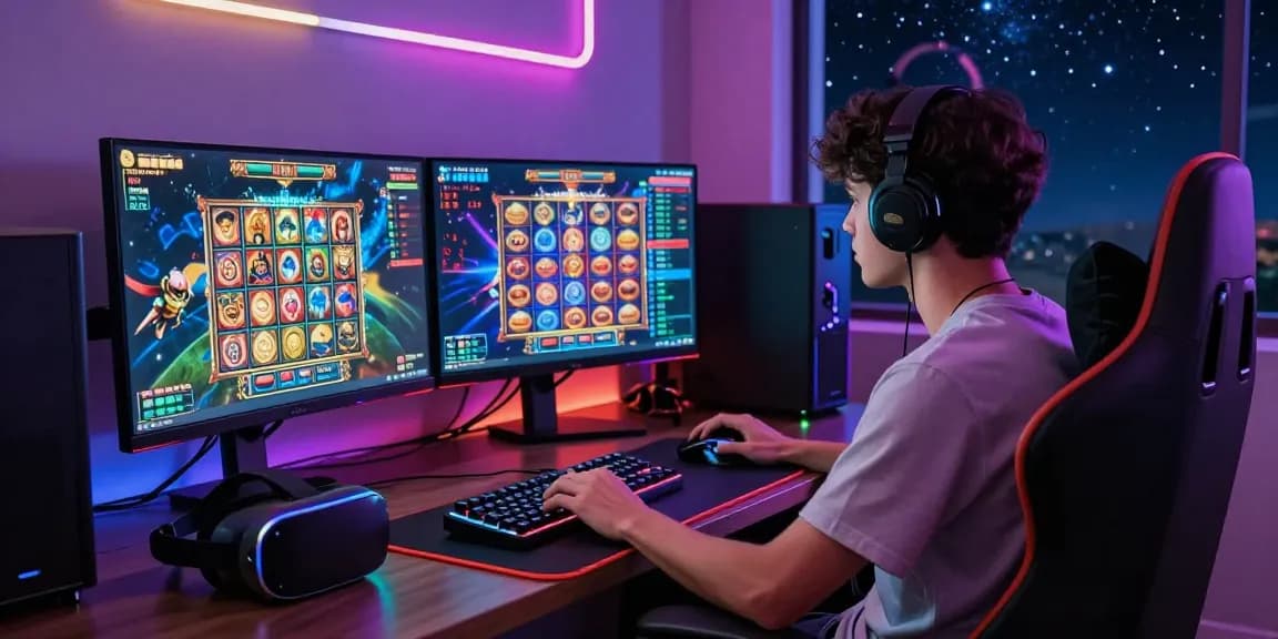 Player gaming on spaceman-themed slot machine, vibrant graphics and LED lighting enhance the excitement.