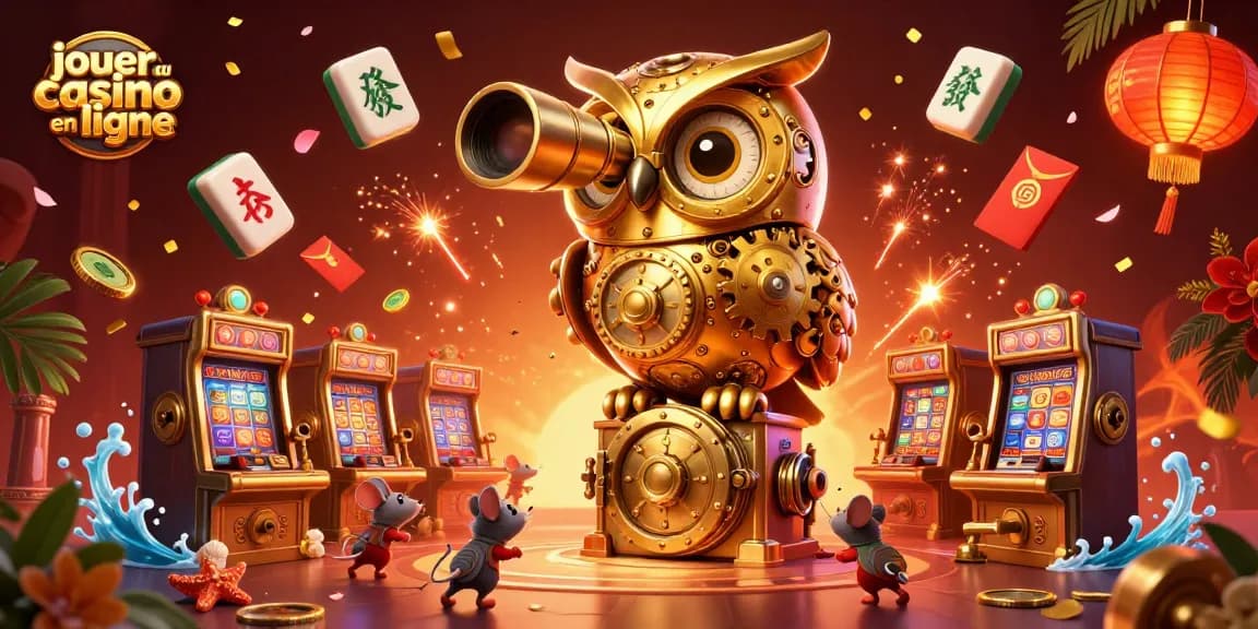 Jouer au casino en ligne avec un hibou doré et des rongeurs auto-montés dans une illustration colorée et dynamique
