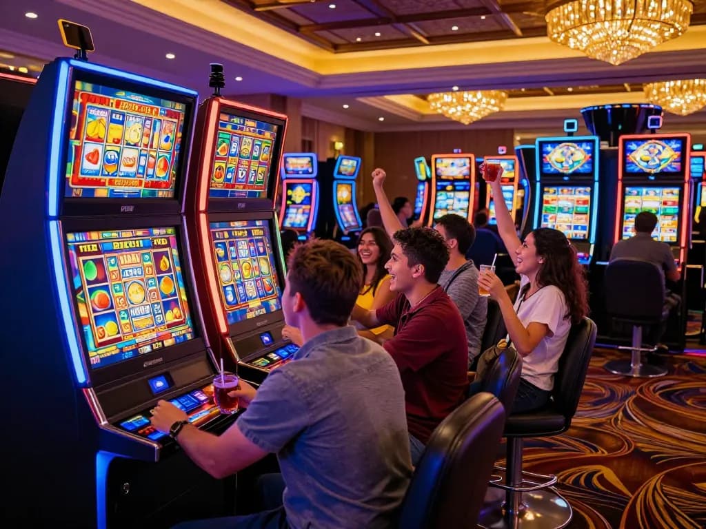 Exciting gaming moment at a situs gacor, players enjoying vibrant slot machines in a lively casino atmosphere.