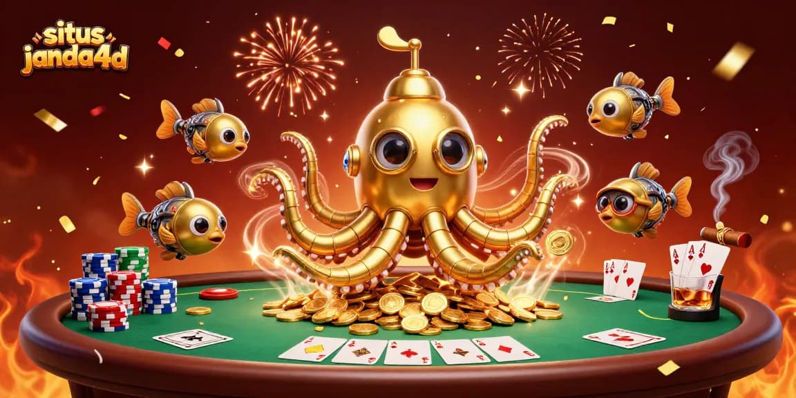 Jelajahi situs janda4d dengan kraken emas dan poker penuh warna di lautan koin.